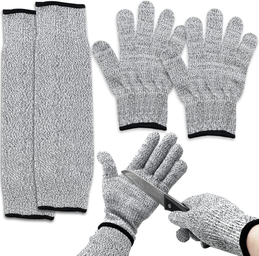 1 Pair Cut Resistant Arm Protectors + 1 Pair Cutting Proof Gloves, Level 5 Protection Elastic Gloves and Sleeves Set for Men Women Protective Finger Arm Safety Kitchen Garden Farm Shucking Fish, Gray