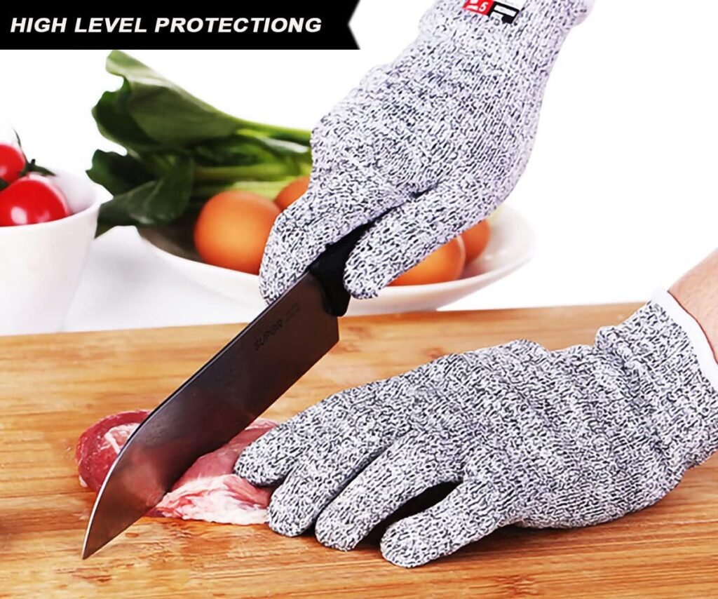 1 Pair Cut Resistant Arm Protectors + 1 Pair Cutting Proof Gloves, Level 5 Protection Elastic Gloves and Sleeves Set for Men Women Protective Finger Arm Safety Kitchen Garden Farm Shucking Fish, Gray