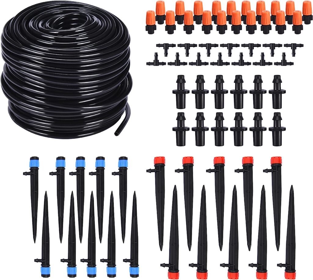 2WAYZ Drip Irrigation Kit - Plant Watering System, Automatic Irrigation System for Patio Garden Farm - Set of Blank Distribution Tubing Hose + 20pcs Misters + Adjustable Nozzle Emitters Sprinkler Barbed Fittings  20 Support Stakes