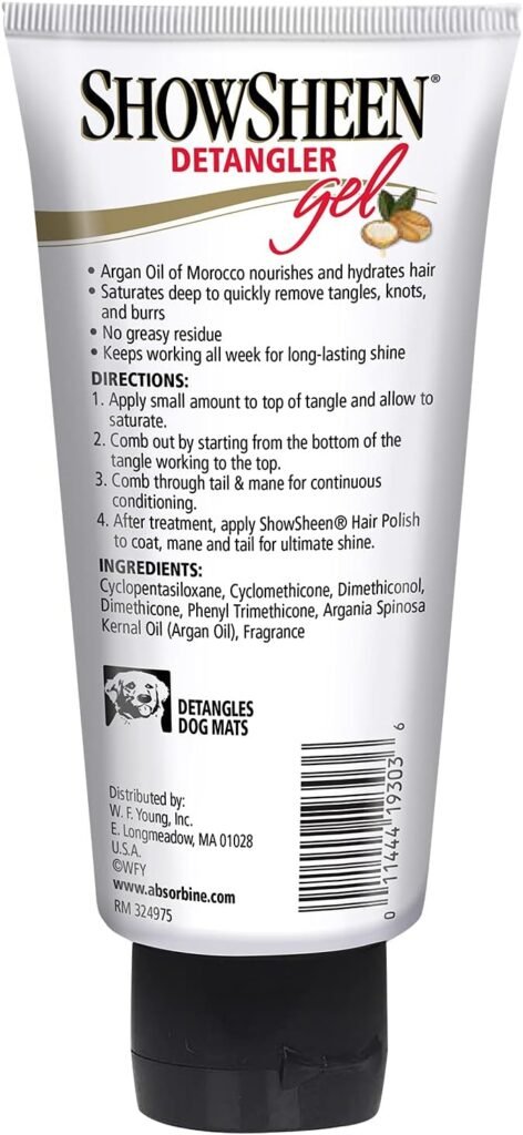 Absorbine ShowSheen Detangler Gel for Coat, Mane  Tail, Moroccan Argan Oil, Tackles Toughest Knots on Horses, Dogs  Livestock, 4oz