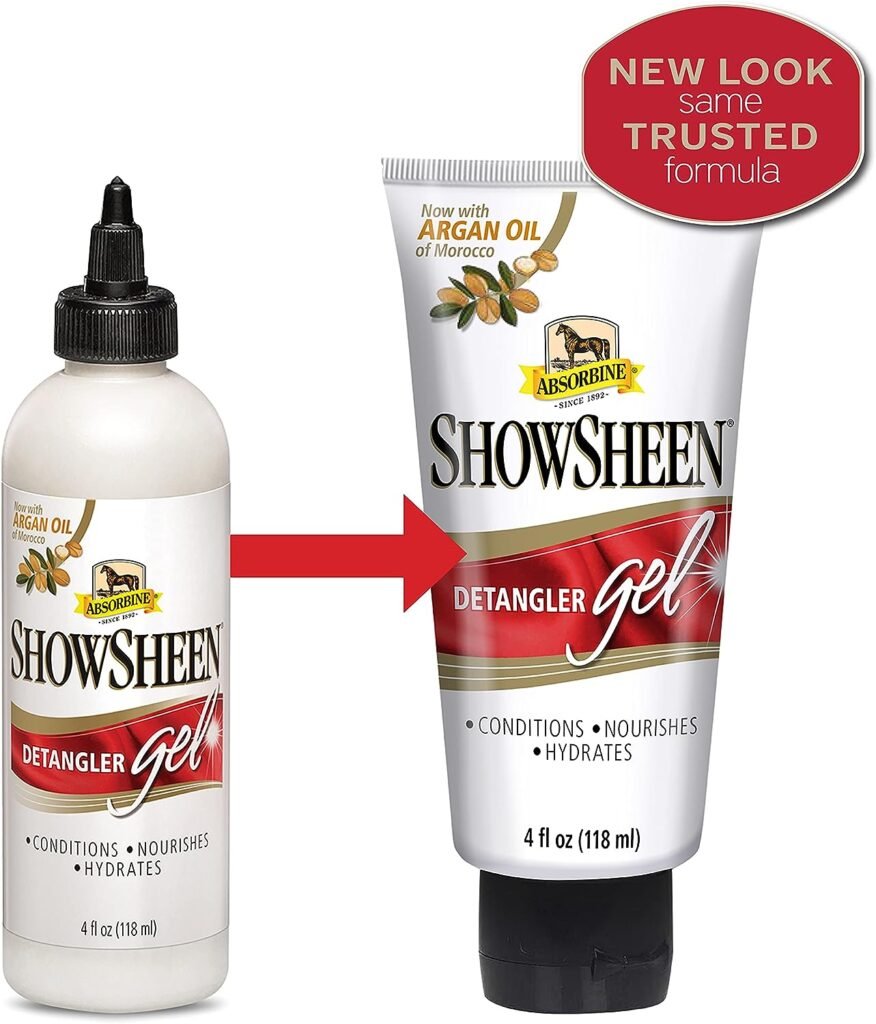 Absorbine ShowSheen Detangler Gel for Coat, Mane  Tail, Moroccan Argan Oil, Tackles Toughest Knots on Horses, Dogs  Livestock, 4oz