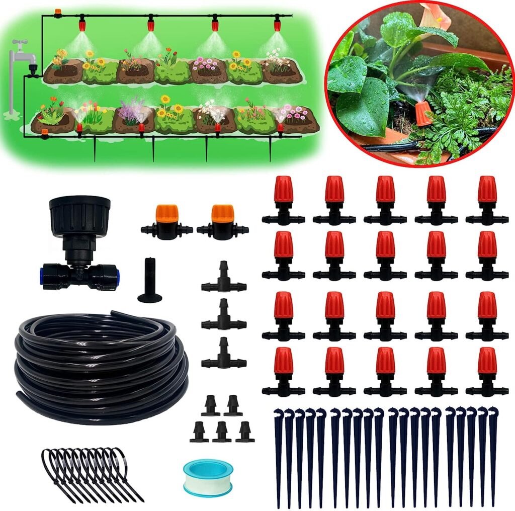 AWOWZ 59FT/18M Drip Irrigation Kits Mist System, 1/4Drip Tubing and Two-ways Connector, All-in-one Misters, DIY Saving Water Automatic Mist Irrigation System for Lawn, Garden, Greenhouse, Livestock Farm