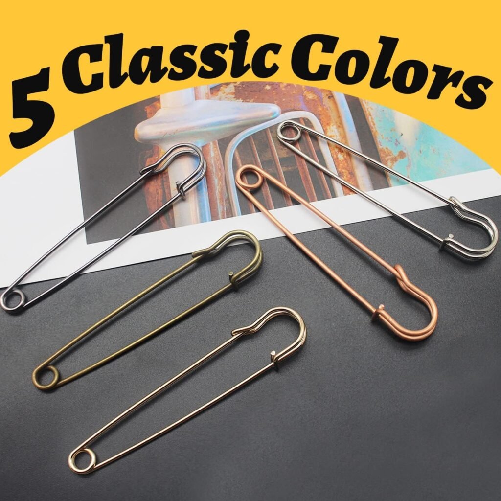 Benvo Large Safety Pins 4â Steel Lock Pins 40 Pcs Jumbo Heavy Duty Blanket Pins for Laundry, Key Rings, Clothes Leather Canvas Skirts Kilts Brooch Outdoor(Black Gold Silver Bronze and Rose Gold Pins)