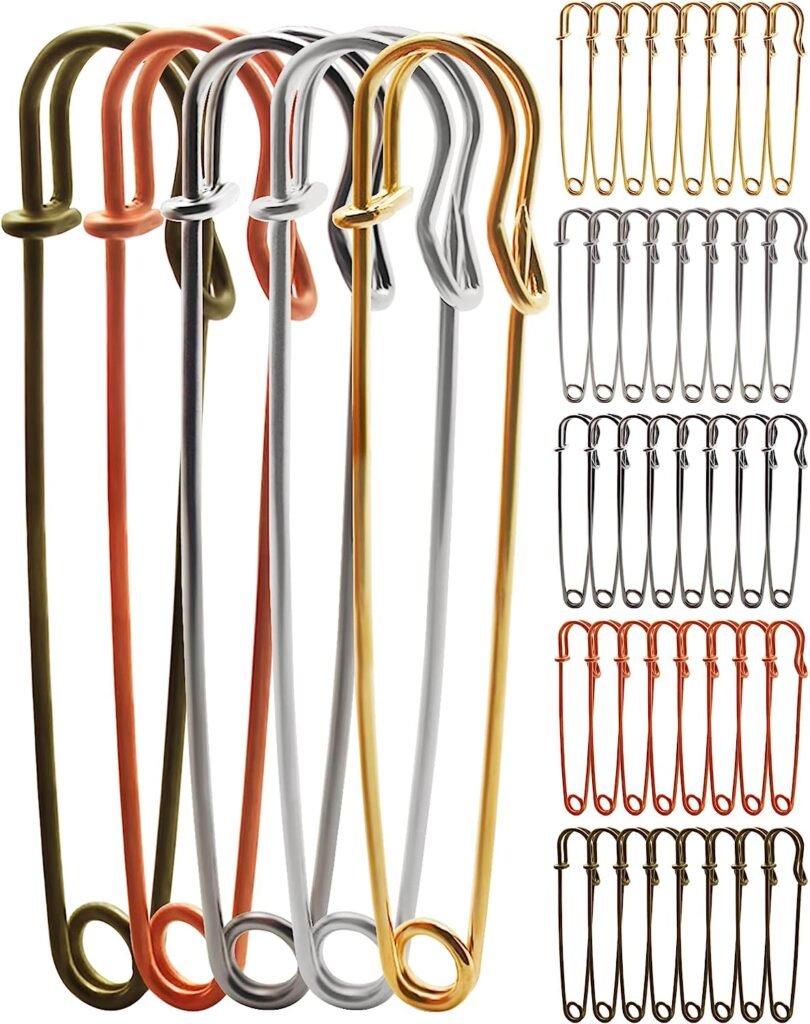 Benvo Large Safety Pins 4â Steel Lock Pins 40 Pcs Jumbo Heavy Duty Blanket Pins for Laundry, Key Rings, Clothes Leather Canvas Skirts Kilts Brooch Outdoor(Black Gold Silver Bronze and Rose Gold Pins)