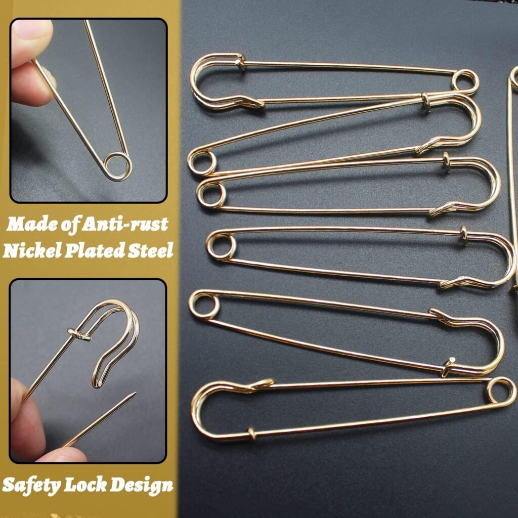 Benvo Large Safety Pins 4â Steel Lock Pins 40 Pcs Jumbo Heavy Duty Blanket Pins for Laundry, Key Rings, Clothes Leather Canvas Skirts Kilts Brooch Outdoor(Black Gold Silver Bronze and Rose Gold Pins)