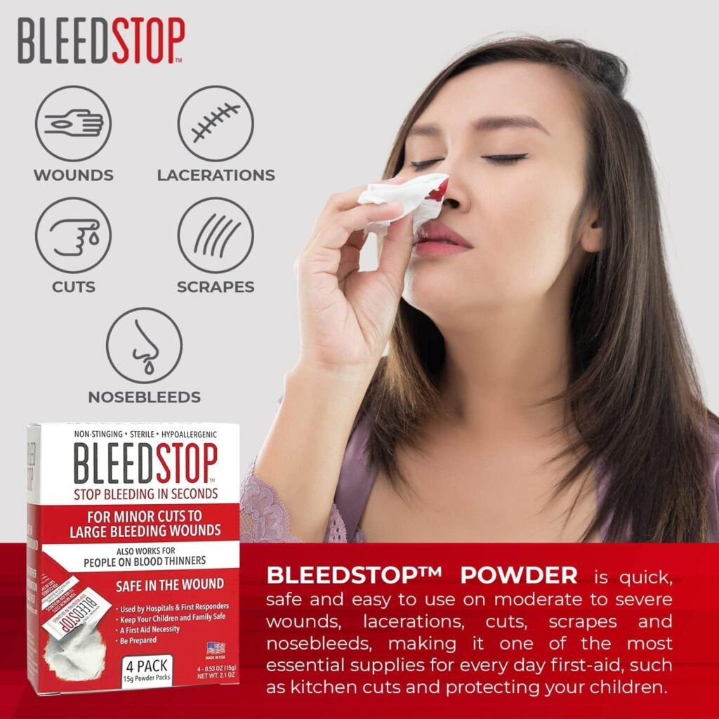 BleedStopâ¢ First Aid Powder for Blood Clotting, Trauma Kit, Blood Thinner Patients, Camping Safety, and Survival Equipment for Moderate to Severe Bleeding Wounds or Nosebleeds - 4 (15g) Pouches