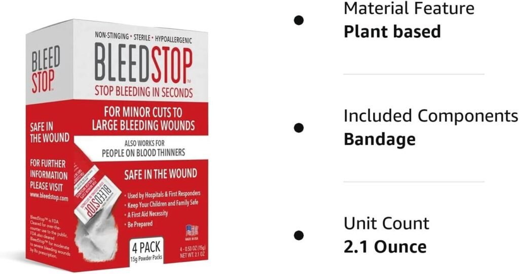 BleedStopâ¢ First Aid Powder for Blood Clotting, Trauma Kit, Blood Thinner Patients, Camping Safety, and Survival Equipment for Moderate to Severe Bleeding Wounds or Nosebleeds - 4 (15g) Pouches