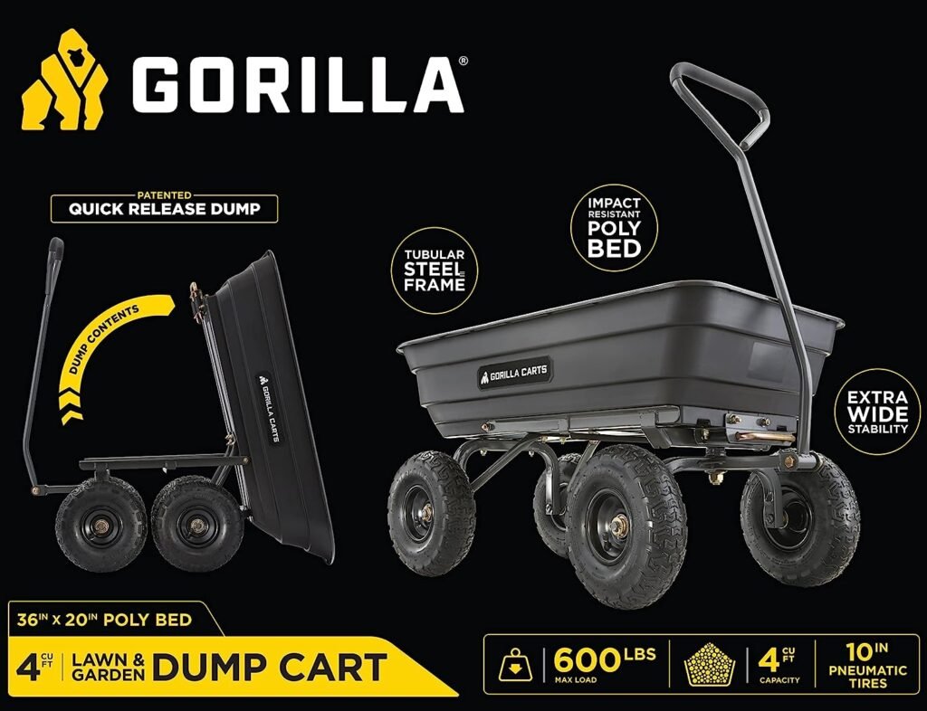 Gorilla Carts GOR4PS Poly Dump Cart, Multi-Purpose Garden Wagon with Steel Frame, 4 cu ft, 600 lb Capacity, Black