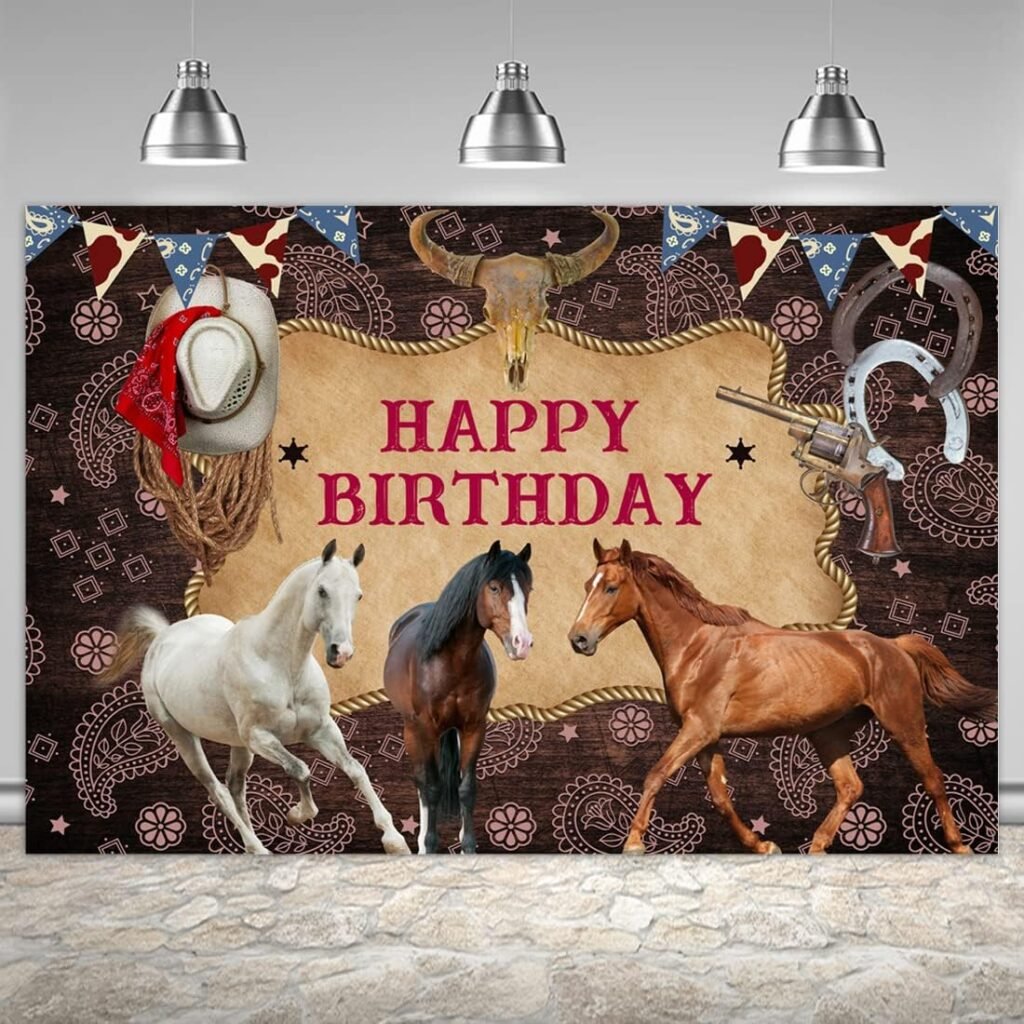 Happy Birthday Horse Backdrop Photography Wild West Cowboy Party Decorations Picture Background Farm Western Theme Cowgirl Baby Shower Banner for Children Adults Supplies Photobooth Prop 6x4ft