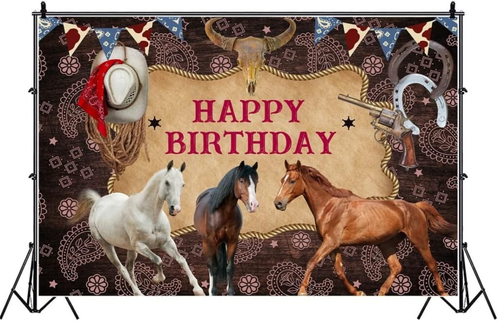 Happy Birthday Horse Backdrop Photography Wild West Cowboy Party Decorations Picture Background Farm Western Theme Cowgirl Baby Shower Banner for Children Adults Supplies Photobooth Prop 6x4ft