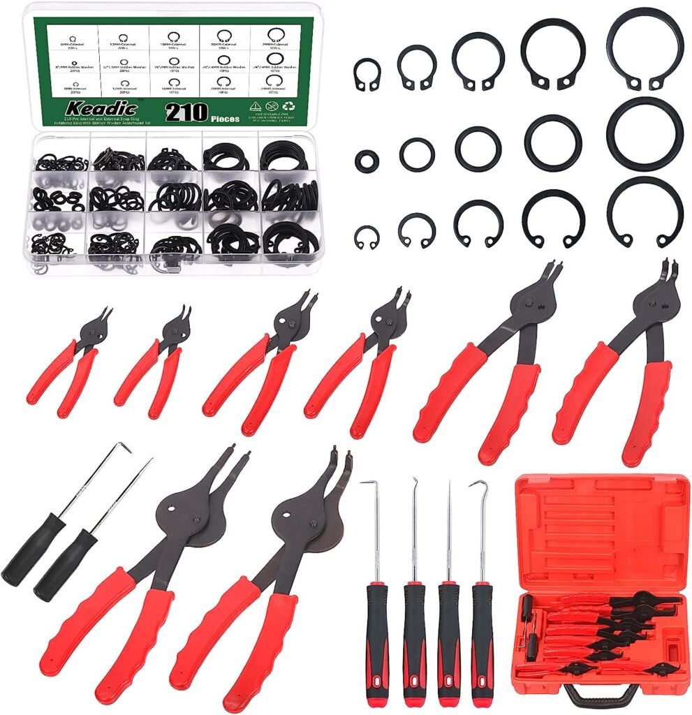 Keadic 224Pcs Internal External Snap Ring Pliers with 10 Sizes Retaining Ring Assortment Set Includes C-clips, Precision Hook,Straight  Bent Circlip Remover for Automobiles Lawnmowers Farm Equipment