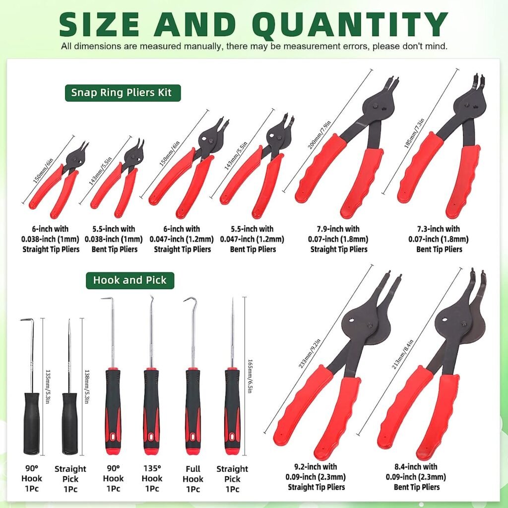 Keadic 224Pcs Internal External Snap Ring Pliers with 10 Sizes Retaining Ring Assortment Set Includes C-clips, Precision Hook,Straight  Bent Circlip Remover for Automobiles Lawnmowers Farm Equipment