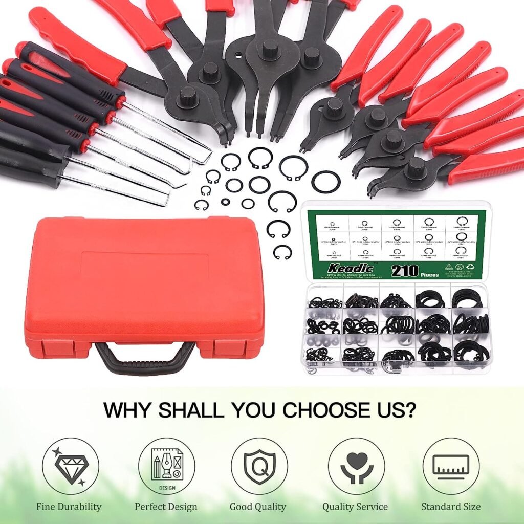 Keadic 224Pcs Internal External Snap Ring Pliers with 10 Sizes Retaining Ring Assortment Set Includes C-clips, Precision Hook,Straight  Bent Circlip Remover for Automobiles Lawnmowers Farm Equipment