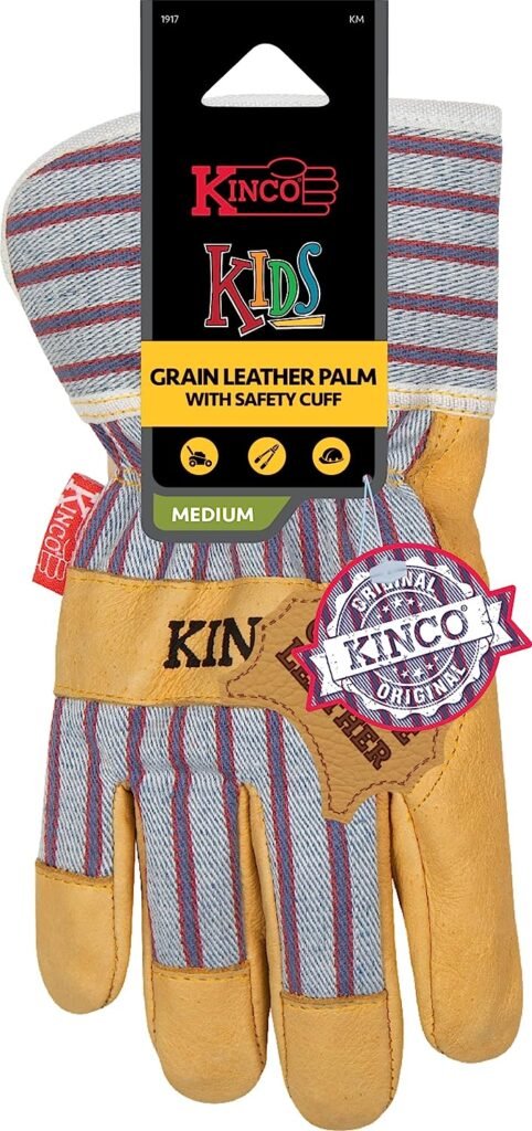 Kinco 1917 Kids Work Gloves Genuine Leather Palm Glove with Safety Cuff