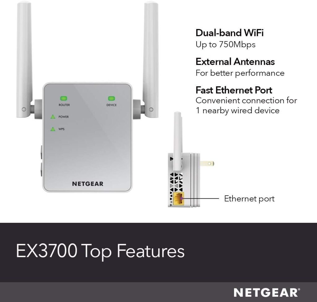 NETGEAR Wi-Fi Range Extender EX3700 - Coverage Up to 1000 Sq Ft and 15 Devices with AC750 Dual Band Wireless Signal Booster  Repeater (Up to 750Mbps Speed), and Compact Wall Plug Design