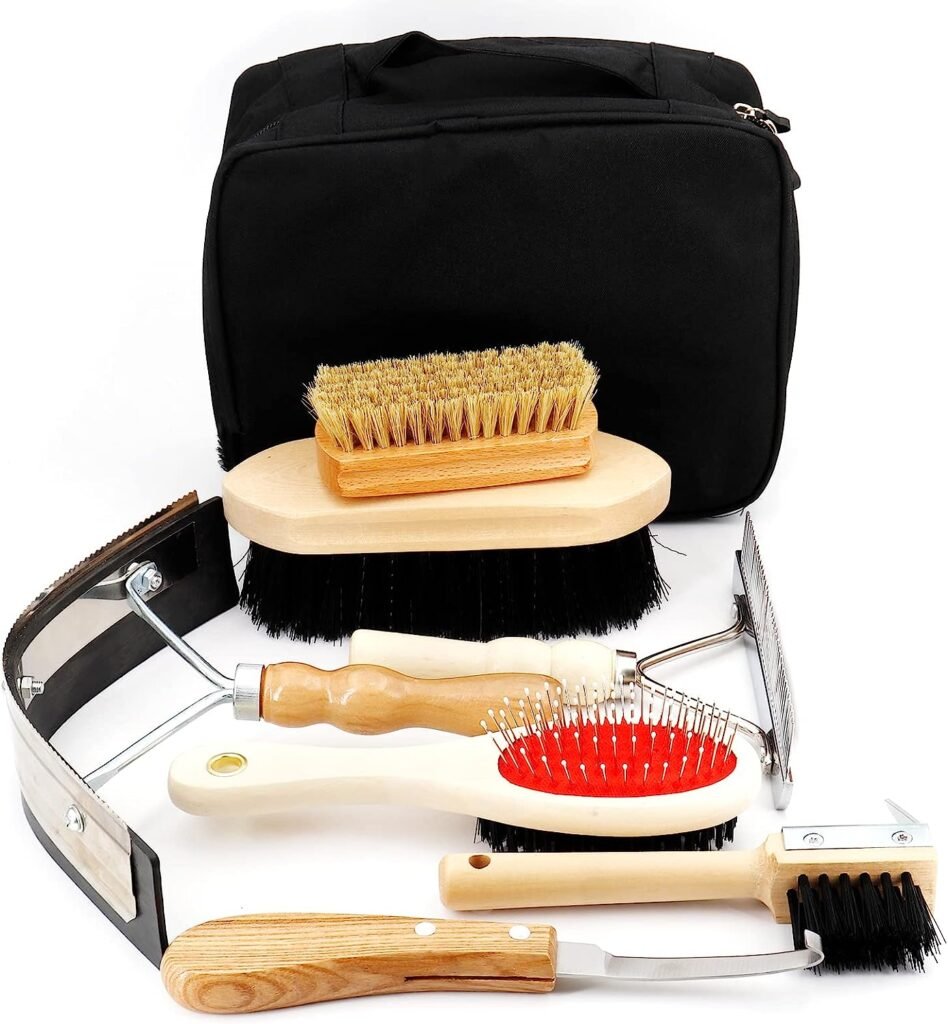 Surfante Horse Grooming Kit with Tote 8Pcs,Horse Cleaning Tool Set,Horse Brushes Set,Horse Sweat Scraper,Mane Comb with Storage Bag