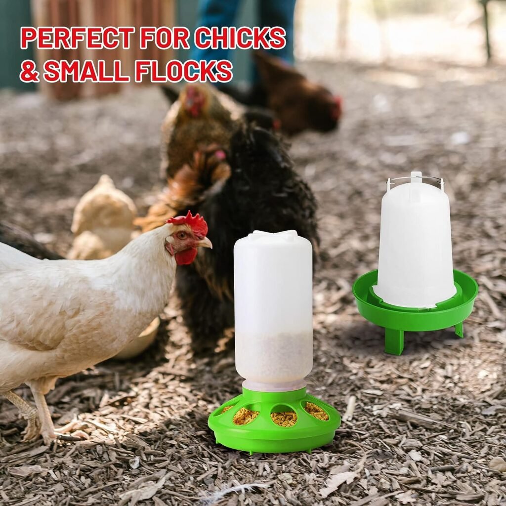 Sykria Chick Feeder and Waterer Kit, Automatic 1L Chick Feeder and 1.5L Chick Waterer with 3 Adjustable Heights for Poultry Farm Chick (Green)