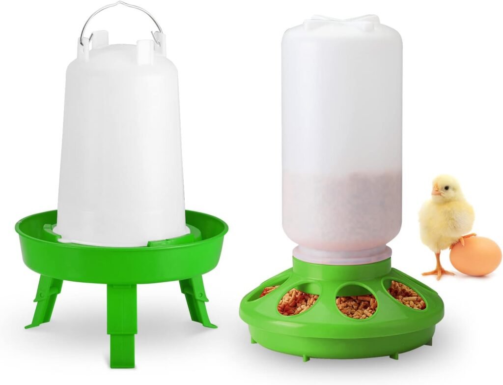 Sykria Chick Feeder and Waterer Kit, Automatic 1L Chick Feeder and 1.5L Chick Waterer with 3 Adjustable Heights for Poultry Farm Chick (Green)