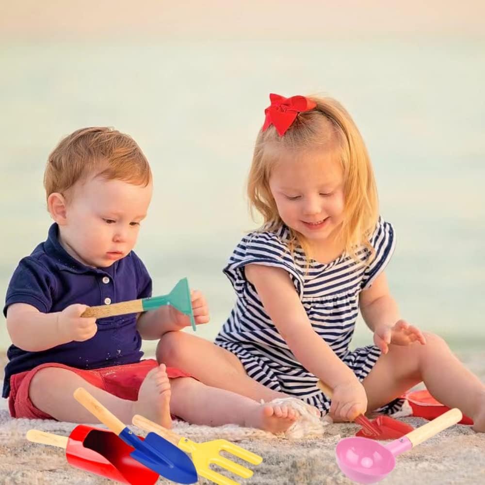 UMUACCAN Beach Toys for Kids 4 Pcs, 8 Sand Toys Set Metal Garden Tools with Sturdy Wooden Handle, Gardening Equipment Fork, Rake, Flat Shovel  Pointed Shovel