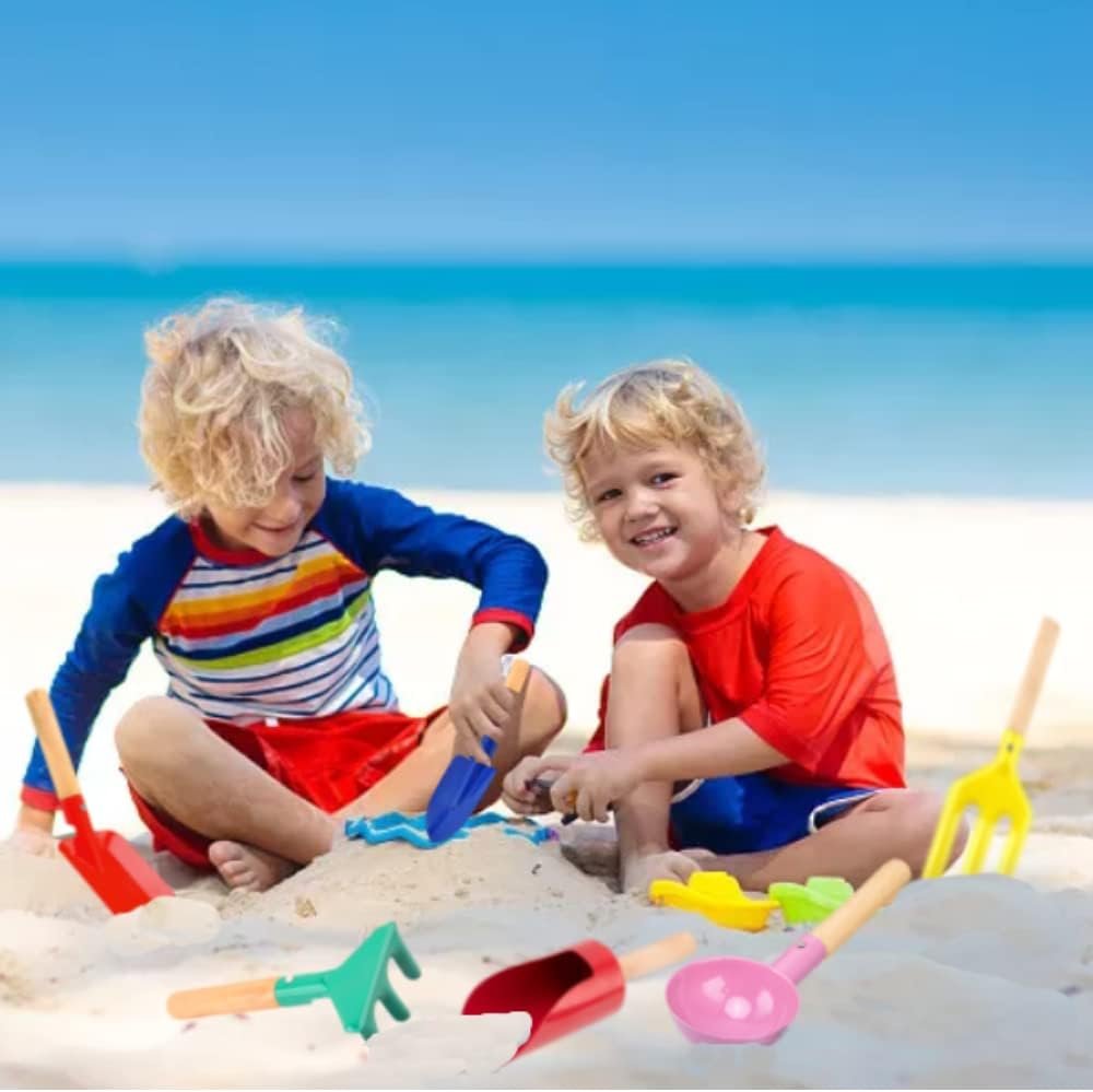 UMUACCAN Beach Toys for Kids 4 Pcs, 8 Sand Toys Set Metal Garden Tools with Sturdy Wooden Handle, Gardening Equipment Fork, Rake, Flat Shovel  Pointed Shovel