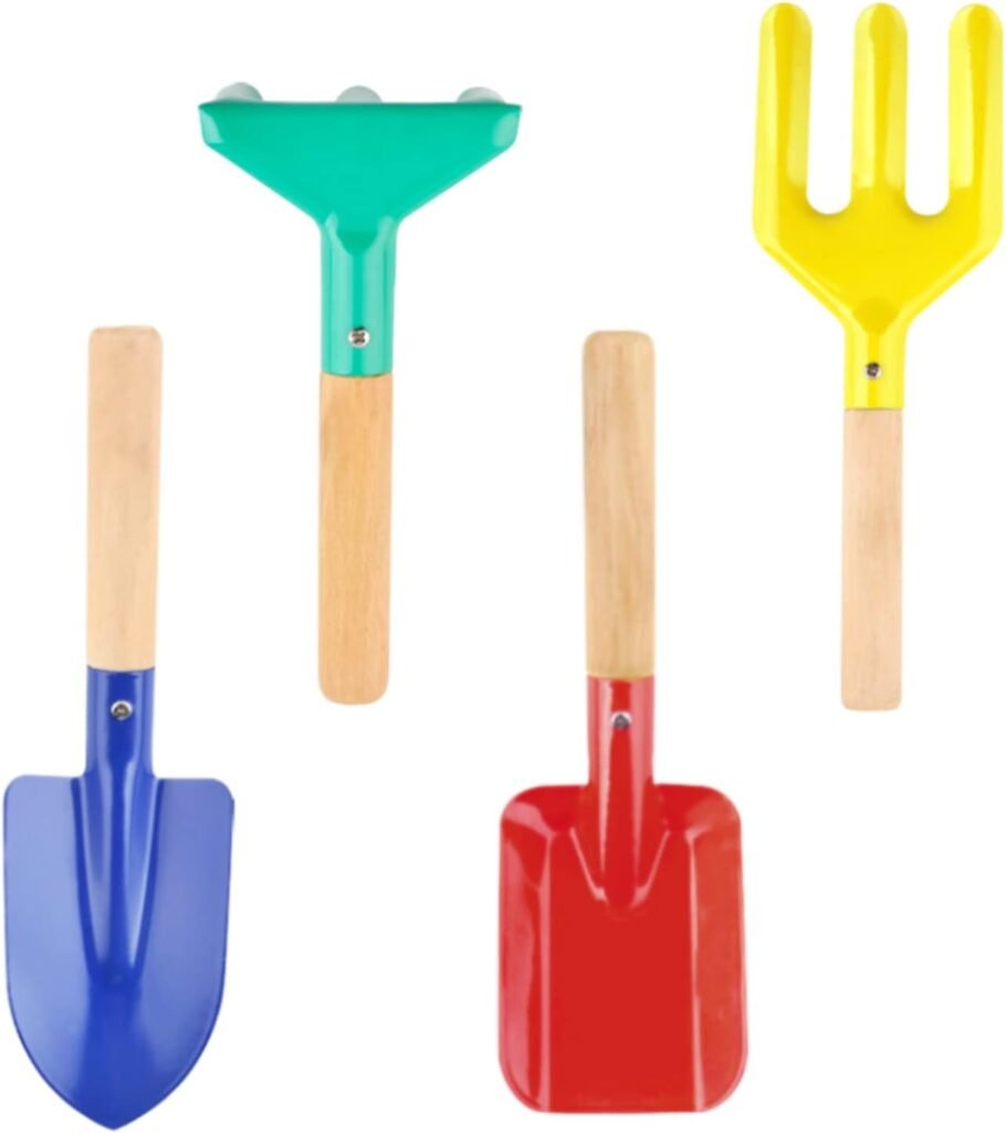 UMUACCAN Beach Toys for Kids 4 Pcs, 8 Sand Toys Set Metal Garden Tools with Sturdy Wooden Handle, Gardening Equipment Fork, Rake, Flat Shovel  Pointed Shovel