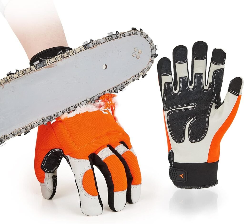 Vgo... Chainsaw 12-Layer Saw Protection on Both Hands Cow Leather Gloves (1 Pair,Size M, Orange, CA9760)