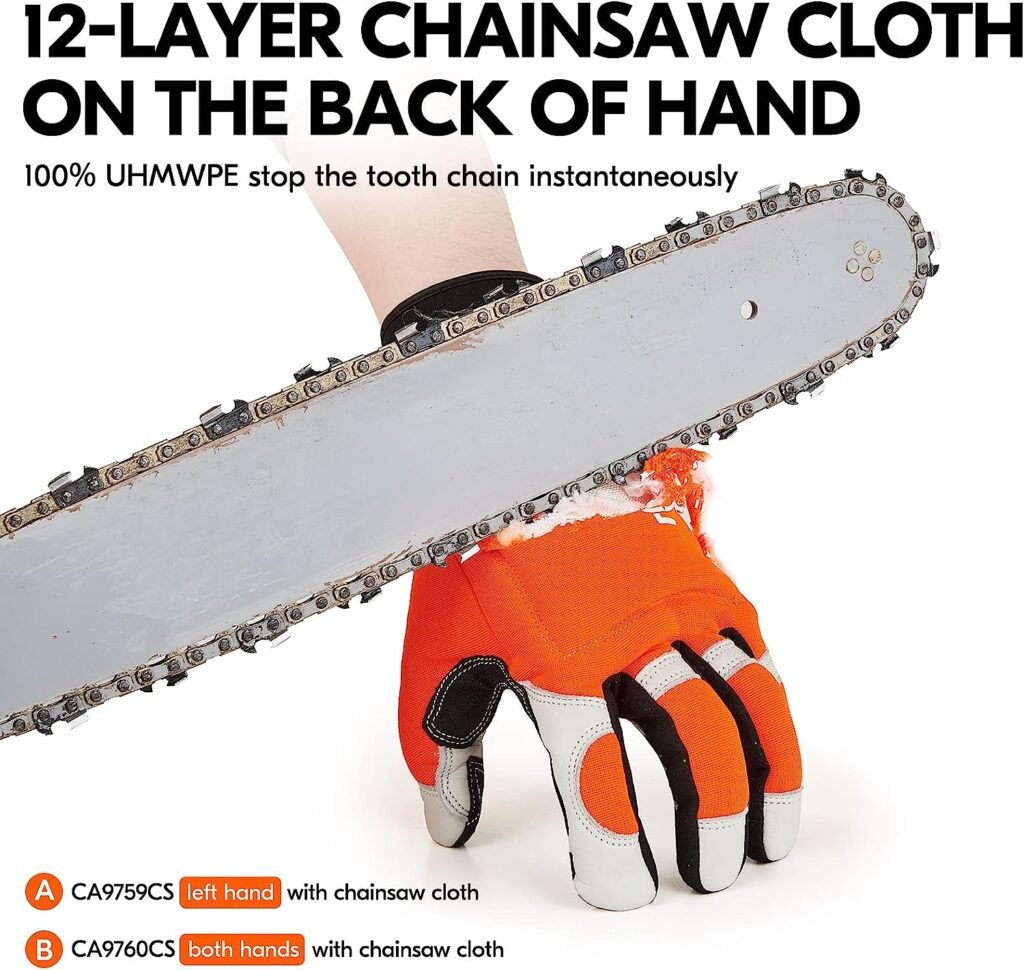 Vgo... Chainsaw 12-Layer Saw Protection on Both Hands Cow Leather Gloves (1 Pair,Size M, Orange, CA9760)