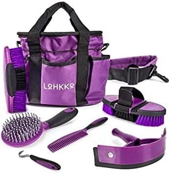 Horse Grooming Kit with Organizer Tote Bag, 7-PieceTack Room Supplies Set with Assorted Hair and Curry Brushes, Hoof Pick, and Sweat Scraper, Great Groomer Gift, Horse Riders, Beginner, Advanced.